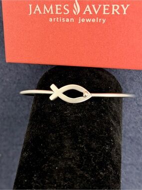 JAMES AVERY Sterling Silver Ichthus Fish Hook-On Bangle Bracelet; Large; RETIRED
